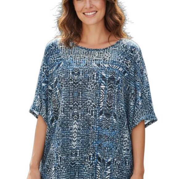 Kim Rogers SZ 2X Blue Geometric Wave Built in Camisole Short‎ Sleeve Top. Layer. - Picture 1 of 10